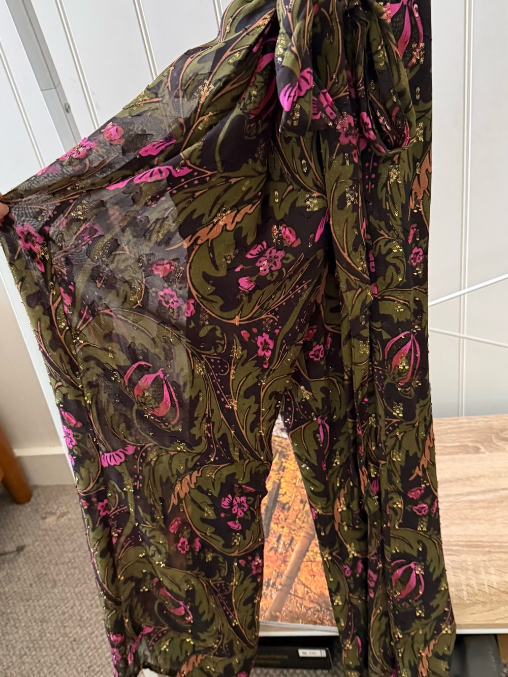 Anthropologie Olive Green Jumpsuit with Pink Floral Print - Picture 2 of 5